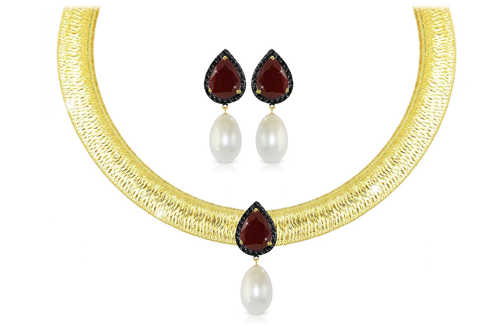 Vera Perla 18K Gold 0.36ct Black Diamonds, Ruby and 13mm White Pearl Jewelry Set - 2 pcs.